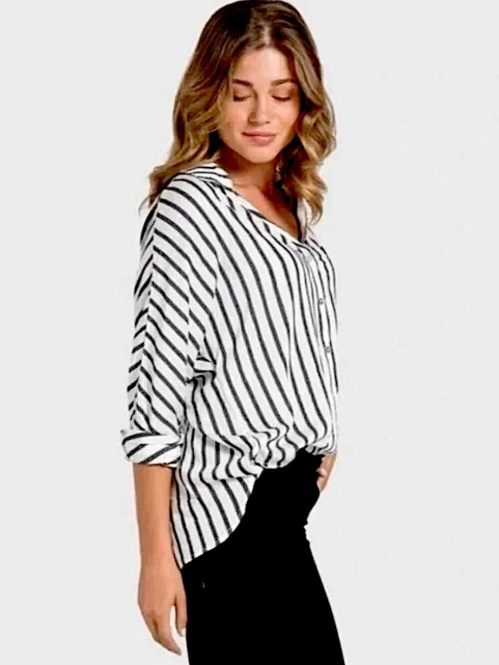 Bella Dahl Metallic Striped Button Back Collared Shirt in Black/White Medium